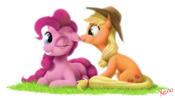 Size: 1024x576 | Tagged: safe, artist:the1xeno1, character:applejack, character:pinkie pie, applejack's hat, clothing, cowboy hat, ear bite, hat, one eye closed, simple background, white background, wink