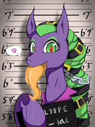 Size: 1240x1662 | Tagged: safe, artist:theobrobine, character:mane-iac, chains, drool, female, heart, long tongue, mugshot, prisoner, smiling, solo, tongue out