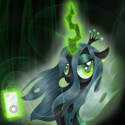 Size: 1000x1000 | Tagged: safe, artist:chanceyb, character:queen chrysalis, species:changeling, bedroom eyes, changeling queen, earbuds, female, heartbreak, ipod, looking at you, magic, portrait, smiling, solo, telekinesis