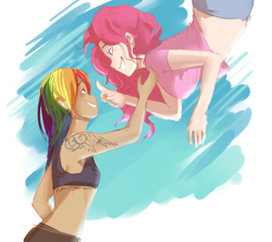 Size: 1350x1200 | Tagged: safe, artist:mlp-hearts, character:pinkie pie, character:rainbow dash, species:human, ship:pinkiedash, breasts, cutie mark, dark skin, delicious flat chest, female, floating, humanized, in which pinkie pie forgets how to gravity, lesbian, pinkie being pinkie, pinkie physics, rainbow flat, shipping, smiling