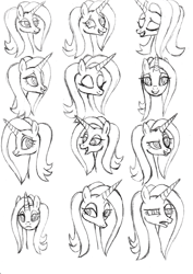 Size: 1024x1448 | Tagged: safe, artist:sonork91, character:sassy saddles, expressions, female, monochrome, solo, traditional art