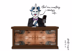 Size: 2100x1500 | Tagged: safe, artist:poecillia-gracilis19, character:fancypants, and now for something completely different, crossover, looking at you, microphone, monty python, monty python's flying circus, solo, table