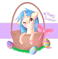 Size: 2380x2411 | Tagged: safe, artist:kurochhi, oc, oc only, basket, easter, easter egg, floppy ears, pony in a basket, solo