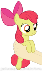 Size: 4333x7208 | Tagged: safe, artist:justisanimation, character:apple bloom, species:human, species:pony, absurd resolution, cute, hand, holding a pony, justis holds a pony, simple background, smiling, solo focus, transparent background