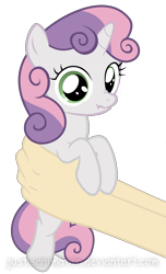Size: 3736x6139 | Tagged: safe, artist:justisanimation, character:sweetie belle, species:human, species:pony, cute, diasweetes, frown, hand, holding a pony, justis holds a pony, looking at you, nose wrinkle, scrunchy face, simple background, solo focus, transparent background, wide eyes
