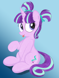Size: 2200x2900 | Tagged: safe, artist:an-tonio, artist:lord waite, character:starlight glimmer, species:pony, species:unicorn, blep, colored, cute, female, glimmerbetes, mare, pigtails, raised hoof, sitting, smiling, solo, tongue out