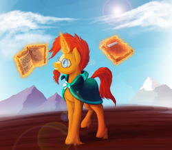 Size: 1024x899 | Tagged: safe, artist:xormak, character:sunburst, episode:the crystalling, g4, my little pony: friendship is magic, book, magic, male, mountain, solo, sun