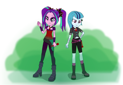 Size: 2900x2000 | Tagged: safe, artist:amante56, character:aria blaze, character:sonata dusk, my little pony:equestria girls, 20th century fox, amulet, belly button, clothing, crossover, dark side, disney, duel of the fates, duo, high heel boots, lightsaber, lucasfilm, necklace, nightsisters, scar, sith, star wars, tattoo, weapon