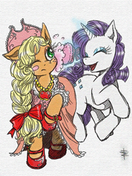 Size: 600x800 | Tagged: safe, artist:tt-n, character:applejack, character:rarity, species:earth pony, species:pony, species:unicorn, applejack also dresses in style, bow, clothing, dress, dressup, duo, female, hair bow, hat, makeup, mare, mary janes, shoes, traditional art
