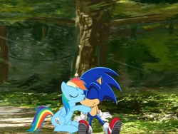 Size: 960x720 | Tagged: safe, artist:kaiamurosesei, character:rainbow dash, character:sonic the hedgehog, crossover, female, forest, interspecies, kissing, male, shipping, sonic the hedgehog (series), sonicdash, straight