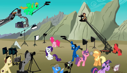 Size: 1996x1153 | Tagged: safe, artist:oinktweetstudios, character:applejack, character:pinkie pie, character:rarity, character:twilight sparkle, character:twilight sparkle (alicorn), oc, species:alicorn, species:pony, alternate cutie mark, animated actors, behind the scenes, camera, clapperboard, dolly camera, female, focus, mare