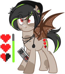 Size: 1024x1171 | Tagged: safe, artist:diigii-doll, oc, oc only, oc:beta byte, species:bat pony, species:pony, beanie, clothing, controller, ear piercing, earring, hat, nintendo, nintendo entertainment system, nose piercing, piercing, solo, wing piercing