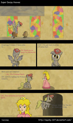 Size: 900x1516 | Tagged: safe, artist:squiby-327, character:derpy hooves, species:pegasus, species:pony, cap, clothing, coin, comic, crossover, female, goomba, hat, in another castle, mare, mario's hat, muffin, parody, princess peach, super mario bros.