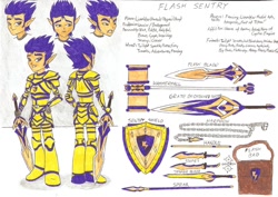 Size: 1024x723 | Tagged: safe, artist:metaldudepl666, character:flash sentry, species:elf, my little pony:equestria girls, amalur, armor, bag, elf ears, fantasy class, hammer, humanized, kingdoms of amalur, knight, male, reference sheet, shield, solo, spear, species swap, sword, traditional art, war hammer, warrior, weapon