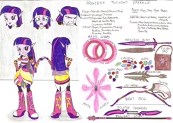 Size: 1024x735 | Tagged: safe, artist:metaldudepl666, character:twilight sparkle, species:elf, my little pony:equestria girls, amalur, armor, arrow, bludgeon, bow (weapon), bow and arrow, chakram, elf ears, fantasy class, female, humanized, kingdoms of amalur, knight, mace, magic, paladin, quiver, reference sheet, shield, solo, species swap, staff, traditional art, warrior, weapon