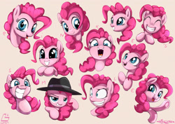 Size: 3000x2121 | Tagged: safe, artist:fidzfox, character:pinkie pie, species:earth pony, species:pony, clothing, cute, diapinkes, dilated pupils, eyes closed, female, grin, happy, hat, lidded eyes, looking at you, mare, open mouth, rapper pie, shrunken pupils, simple background, sketch, smiling, solo, squee, underhoof, white background, wide eyes