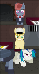 Size: 325x609 | Tagged: safe, artist:herooftime1000, character:dj pon-3, character:vinyl scratch, oc, oc:cryptania, oc:muscle milk, species:bat pony, species:pony, angry, confused, dungeon, octavia in the underworld's cello, pixel art, smug smile
