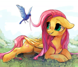 Size: 1800x1545 | Tagged: safe, artist:rocy canvas, character:fluttershy, species:bird, species:pegasus, species:pony, cute, female, floppy ears, folded wings, grass, hair styling, looking at something, mane styling, mare, outdoors, prone, shyabetes, smiling, solo, wings