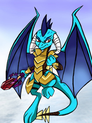 Size: 844x1125 | Tagged: safe, artist:naivintage, character:princess ember, species:dragon, episode:gauntlet of fire, g4, my little pony: friendship is magic, armor, bloodstone scepter, dragon armor, dragon lord ember, female, sky, solo