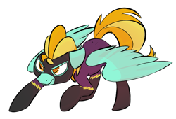 Size: 793x538 | Tagged: dead source, safe, artist:cider, character:lightning dust, species:pegasus, species:pony, clothing, female, mare, shadowbolts, shadowbolts costume, simple background, solo, spread wings, white background, wings