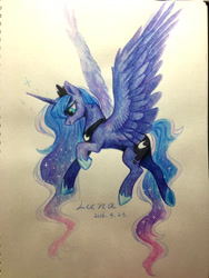 Size: 3024x4032 | Tagged: safe, artist:rocy canvas, character:princess luna, female, flying, pixiv, solo, traditional art