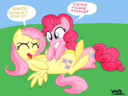 Size: 1071x800 | Tagged: safe, artist:willisninety-six, character:fluttershy, character:pinkie pie, ship:flutterpie, female, lesbian, shipping, tickling