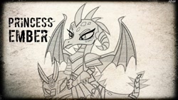 Size: 2560x1440 | Tagged: safe, artist:sunshi, character:princess ember, species:dragon, episode:gauntlet of fire, g4, my little pony: friendship is magic, dragon armor, lineart, monochrome, wallpaper