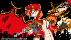 Size: 1920x1080 | Tagged: safe, artist:cyrilunicorn, character:sunset shimmer, species:pony, species:unicorn, airship, clothing, command and conquer, communism, crossover, female, fire, gun, kirov airship, looking back, natasha volkova, plot, red alert, red alert 3, rifle, smirk, solo, soviet, soviet shimmer, uniform, weapon