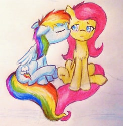Size: 1856x1900 | Tagged: safe, artist:thatonegib, character:fluttershy, character:rainbow dash, ship:flutterdash, blushing, chest fluff, cute, female, floppy ears, fluffy, intertwined tails, kissing, lesbian, shipping, traditional art