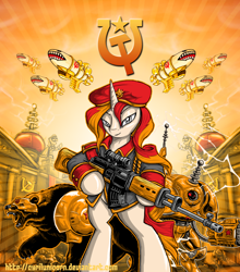 Size: 950x1080 | Tagged: safe, artist:cyrilunicorn, character:sunset shimmer, species:pony, species:unicorn, airship, bear, bipedal, clothing, command and conquer, communism, crossover, female, gun, hooves, horn, kirov airship, mare, natasha volkova, optical sight, red alert, red alert 3, rifle, robot, scope, sniper, sniper rifle, sniperskya vintovka dragunova, solo, soviet, soviet shimmer, tesla trooper, uniform, weapon