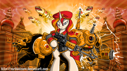 Size: 1920x1080 | Tagged: safe, artist:cyrilunicorn, character:sunset shimmer, species:pony, species:unicorn, airship, animal, bear, bipedal, clothing, command and conquer, communism, crossover, female, gun, hooves, horn, kirov airship, mare, natasha volkova, optical sight, red alert, red alert 3, rifle, scope, sniper, sniper rifle, sniperskya vintovka dragunova, solo, soviet, soviet shimmer, tesla trooper, uniform, wallpaper, weapon