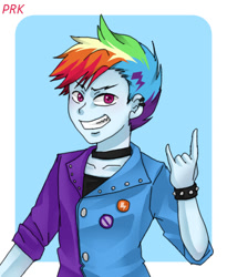 Size: 450x550 | Tagged: safe, artist:prk, character:rainbow dash, episode:friendship through the ages, equestria girls:rainbow rocks, g4, my little pony: equestria girls, my little pony:equestria girls, bishonen, blitzabetes, clothing, cute, devil horn (gesture), equestria guys, glam, glam metal, humanized, looking at you, male, metal horns, pixiv, punk, rainbow blitz, rule 63, rule63betes, signature, smiling, smiling at you, solo, teenager