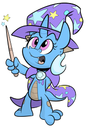 Size: 1225x1820 | Tagged: safe, artist:jittery-the-dragon, character:trixie, species:dragon, cape, clothing, cute, dragonified, female, hat, magic wand, open mouth, race swap, simple background, solo, species swap, transparent background, trixie's cape, trixie's hat, wand