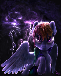 Size: 2000x2500 | Tagged: safe, artist:nemo2d, character:rainbow dash, female, fluffy, lightning, rain, raised hoof, signature, solo, spread wings, stormcloud, wet mane, wings