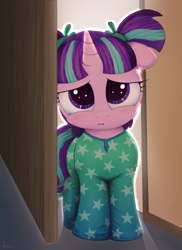 Size: 1008x1387 | Tagged: safe, artist:an-tonio, artist:transgressors-reworks, edit, character:starlight glimmer, species:pony, species:unicorn, clothing, color edit, colored, cute, female, filly, footed sleeper, glimmerbetes, moe, pajamas, pigtails, sad, solo, traditional art, younger