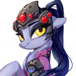 Size: 1545x1545 | Tagged: safe, artist:rocy canvas, species:pony, female, floppy ears, looking at you, mare, overwatch, ponified, ponytail, simple background, solo, white background, widowmaker