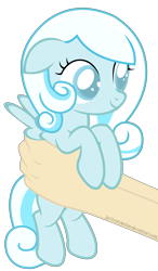 Size: 4617x7917 | Tagged: safe, artist:justisanimation, oc, oc only, oc:snowdrop, species:pony, absurd resolution, cute, daaaaaaaaaaaw, female, filly, flash, hand, hnnng, holding a pony, justis holds a pony, simple background, smiling, snowbetes, transparent background, vector, weapons-grade cute