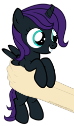 Size: 4617x7917 | Tagged: safe, artist:justisanimation, oc, oc only, oc:nyx, species:alicorn, species:human, species:pony, fanfic:past sins, absurd resolution, alicorn oc, cute, dawwww, female, filly, flash, hand, hnnng, holding a pony, justis holds a pony, nyxabetes, simple background, smiling, transparent background, vector, weapons-grade cute