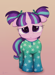Size: 1008x1387 | Tagged: safe, artist:an-tonio, artist:transgressors-reworks, edit, character:starlight glimmer, species:pony, species:unicorn, clothing, color edit, colored, cute, female, filly, filly starlight glimmer, floppy ears, footed sleeper, glimmerbetes, pajamas, pigtails, smiling, solo, younger