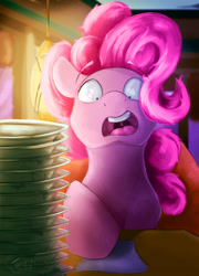 Size: 619x862 | Tagged: safe, artist:tangomangoes, character:pinkie pie, species:earth pony, species:pony, episode:the saddle row review, g4, my little pony: friendship is magic, bill, dish, female, gasp, i've made a huge mistake, raised eyebrow, regret, scene interpretation, shocked, shrunken pupils, solo, sticker shock, wide eyes