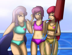 Size: 4396x3356 | Tagged: safe, artist:tyron91, character:apple bloom, character:scootaloo, character:sweetie belle, species:human, species:pegasus, species:pony, beach, cutie mark crusaders, floaty, food, humanized, ice cream, inner tube, popsicle, sea salt ice cream, umbrella