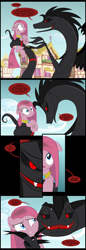 Size: 984x2848 | Tagged: safe, artist:culu-bluebeaver, character:pinkamena diane pie, character:pinkie pie, oc, oc:plague, species:earth pony, species:pony, comic:the six-winged serpent, comic, grimdark series, grotesque series, oc villain, ponyville, red and black oc, show accurate