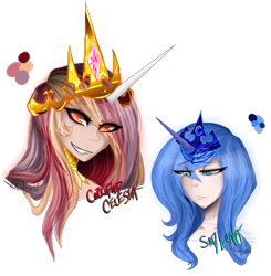 Size: 1354x1383 | Tagged: safe, artist:nekomellow, character:princess celestia, character:princess luna, species:human, bust, corrupted, female, horn, horned humanization, humanized, s1 luna, simple background, transparent background
