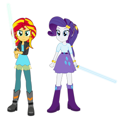 Size: 2730x2649 | Tagged: safe, artist:amante56, character:rarity, character:sunset shimmer, my little pony:equestria girls, 20th century fox, boots, bracelet, clothing, crossover, disney, duo, jedi, leather jacket, lightsaber, looking at you, lucasfilm, skirt, star wars