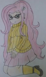 Size: 1128x1862 | Tagged: safe, artist:wolf, character:fluttershy, species:human, chubby, clothing, cute, fattershy, female, glasses, high heels, humanized, pleated skirt, shoes, skirt, socks, solo, sweater, sweatershy, traditional art
