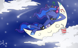 Size: 1748x1092 | Tagged: safe, artist:whitelie, character:princess luna, cloud, comet, crescent moon, ethereal mane, female, galaxy mane, headphones, moon, mp3 player, music notes, on back, soda, solo, stars, tangible heavenly object, transparent moon