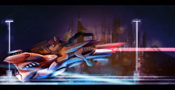Size: 1000x511 | Tagged: safe, artist:tangomangoes, character:scootaloo, species:pegasus, species:pony, city, female, futuristic, hoverbike, night, older, scenery, solo, vehicle