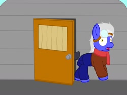Size: 1280x957 | Tagged: safe, artist:minty candy, oc, oc only, oc:static charge, species:earth pony, species:pony, fallout equestria, awkward, clothing, door, fallout equestria: empty quiver, goggles, hangar, jacket, pushing, scarf, solo, story, wide eyes
