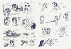 Size: 1762x1225 | Tagged: safe, artist:magfen, oc, oc only, oc:kicia, oc:magpie, species:pony, bipedal, blaster, chibi, crossover, jedi, lightsaber, monochrome, polish, r2-d2, sith, sketch, sketch dump, star wars, starfighter, the force, tie fighter, traditional art, weapon, x-wing, yoda