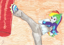 Size: 3490x2474 | Tagged: safe, artist:metaldudepl666, character:rainbow dash, my little pony:equestria girls, belly button, boxing gloves, clothing, female, kickboxing, kicking, punching bag, sneakers, solo, sports bra, traditional art